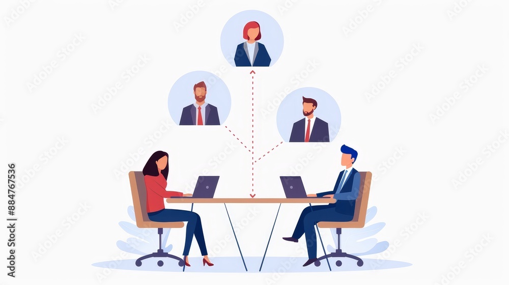 Diagram of employment roles and structure, highlighting the integration of modern work practices and collaborative efforts in a professional environment, flat design illustration Diagram of employment roles and structure, highlighting the integration of modern work practices and collaborative efforts in a professional environment, flat design illustration
