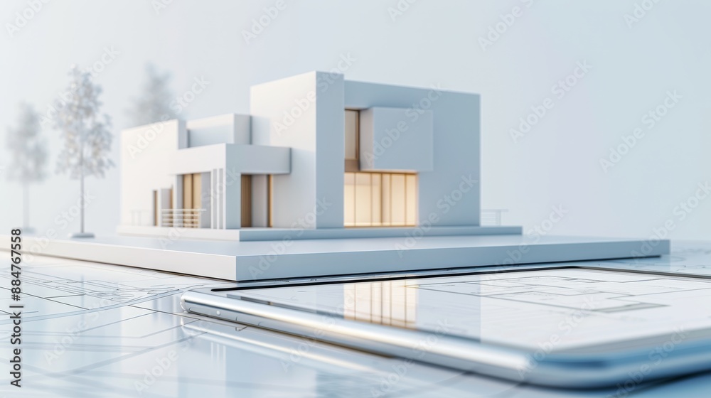 Fototapeta premium Digital building plan application, featuring interactive 3D renderings and detailed schematics, showcasing innovative construction planning, flat design illustration