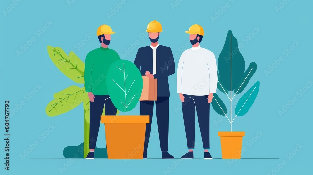 Eco-employment hub, various sources of green jobs depicted, professionals collaborating on sustainable projects, promoting environmental stewardship, flat design illustration