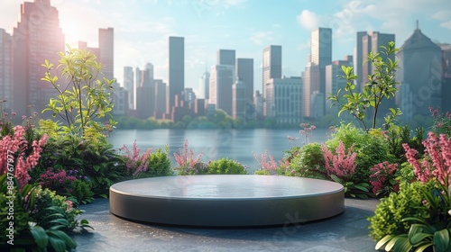 Urban oasis with a podium, lush greenery, city skyline in the background, bright sunny day, perfect for presentations or product showcases.