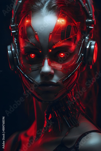 a woman with glowing red eyes and a robot head