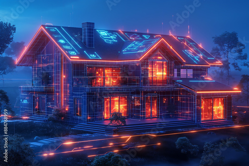 Futuristic illustration of an AI-powered smart home with automation systems and glowing interface.