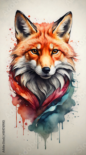 a watercolor painting of a fox with a red scarf