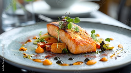 2. An elegant dinner plate showcasing a beautifully plated seafood dish with a seared salmon fillet, a medley of roasted vegetables, and a garnish of fresh herbs, all set on a fine dining table with