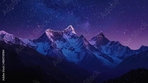 Obraz na płótnie A photograph of a snow-capped mountain range under a starry night sky, deep blue and purple tones, towering peaks, peaceful and majestic scene w salonie