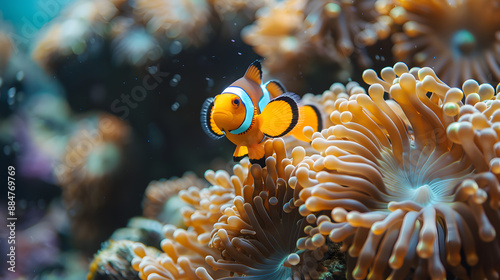 Cute anemone fish playing on the coral reef, beautiful colored clown fish on the coral reef, anemones on the tropical coral reef, which is very beautiful