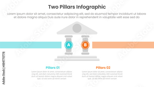 two pillars framework with ancient classic construction infographic with 2 point stage template with small building center and circle point for slide presentation