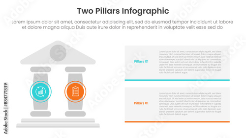 two pillars framework with ancient classic construction infographic with 2 point stage template with pillars on left and rectangle box stack for slide presentation