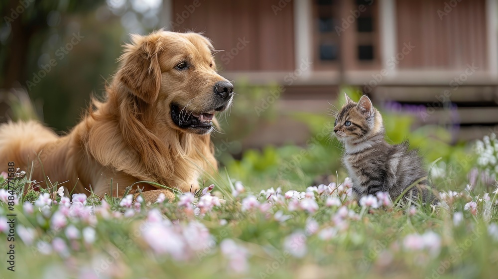 A friendly dog and cat, showcasing their bond of companionship and mutual curiosity A friendly dog and cat, showcasing their bond of companionship and mutual curiosity