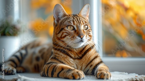 A majestic tiger cat relaxing on the floor at home, showcasing its striking beauty and grace