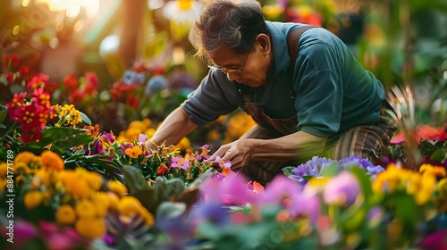 Senior woman tending to colorful flowers.