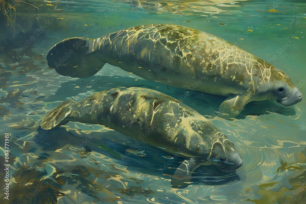 Fototapeta premium Two Manatees Swimming in a River.