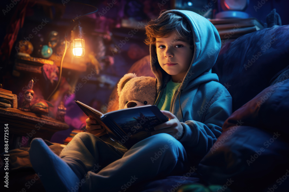 generated illustration of boy wearing hoodie sits on couch at home and reads book generated illustration of boy wearing hoodie sits on couch at home and reads book