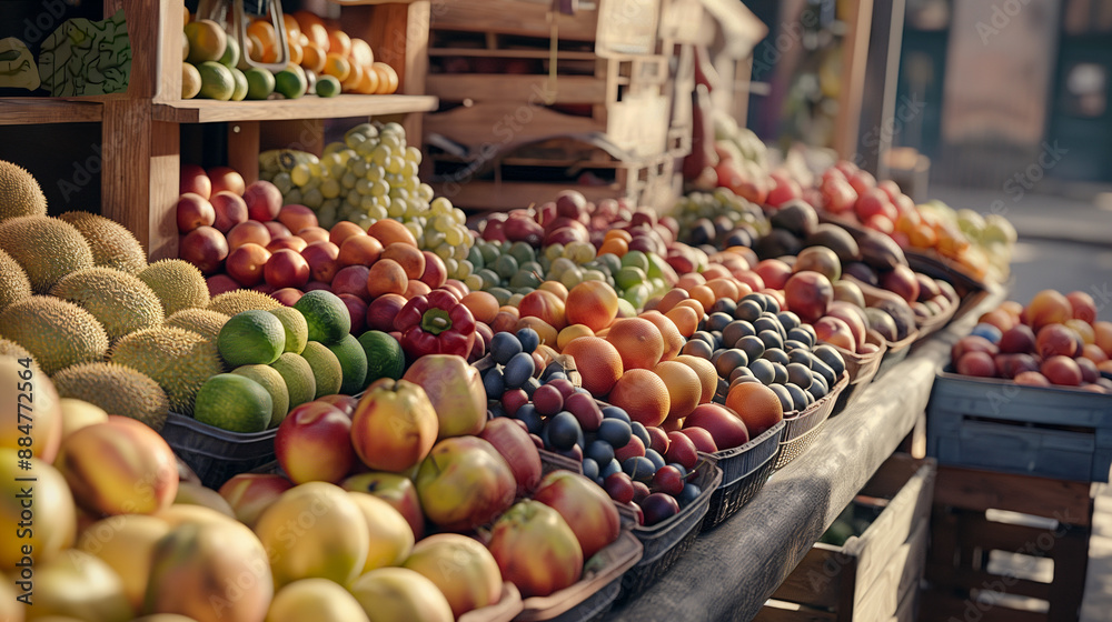 fruits and vegetables, Stand An image of a stand displaying a variety of fresh, locally-grown fruits, emphasizing freshness and local produce fruits and vegetables, Stand An image of a stand displaying a variety of fresh, locally-grown fruits, emphasizing freshness and local produce