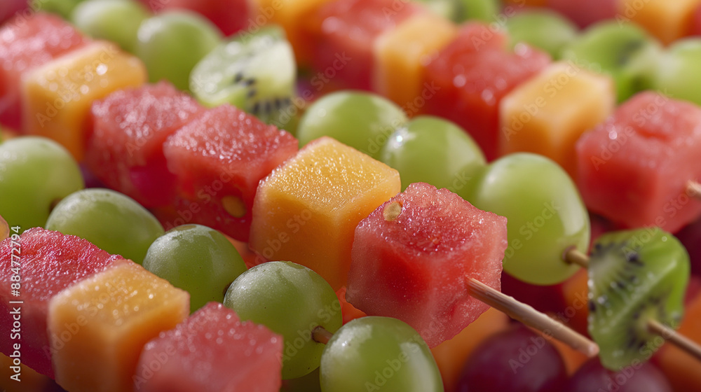 Fruit Skewers Colorful fruit skewers made with chunks of watermelon, cantaloupe, kiwi, and grapes, perfect for a summer snack for party treats Fruit Skewers Colorful fruit skewers made with chunks of watermelon, cantaloupe, kiwi, and grapes, perfect for a summer snack for party treats