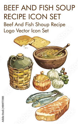 Beef and fish shoup logo vector Icon set 