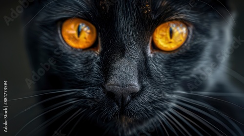 Black cat with yellow eyes, captured with a close-up macro lens, showcasing its intense and captivating gaze