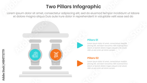 two pillars framework with ancient classic construction infographic with 2 point stage template with round building and circle pillar badge for slide presentation