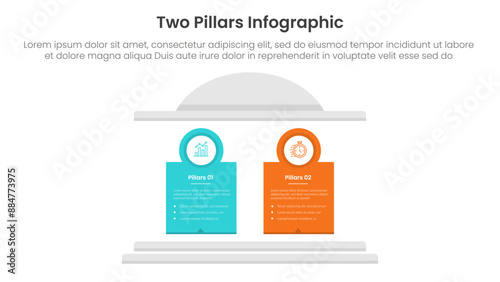 two pillars framework with ancient classic construction infographic with 2 point stage template with creative block pillar and circle badge outline for slide presentation