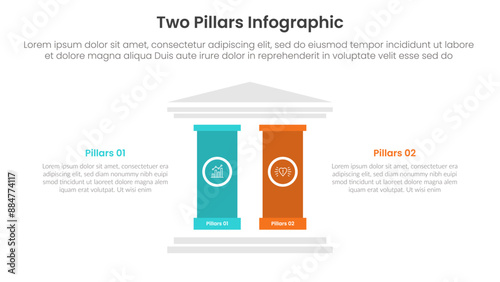 two pillars framework with ancient classic construction infographic with 2 point stage template with strong pillar building on center for slide presentation