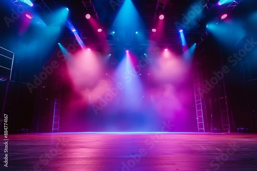 Stage Lighting in Theater with Brightly Colored Background, Illuminated by Spotlights. An Empty Stage Ready for Performance, Perfectly Lit with Vibrant Colors Creating a Dramatic Ambience. © 为轩 张
