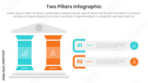 two pillars framework with ancient classic construction infographic with 2 point stage template with colorfull pillar and rectangle round container for slide presentation