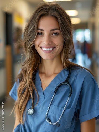 Confident nurse in scrubs with stethoscope, standing in hospital corridor, smiling warmly, professional healthcare environment, soft background.