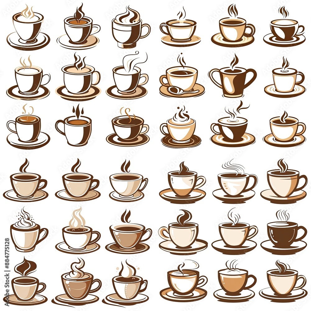 Obraz premium Coffee Tea Cup Collection, Espresso Cafe Mug Set, Diner Menu Objects, Hot Drink Concept Art, Food and Beverage Design Illustration, Restaurant Web Graphic, Cute Culinary Clipart 