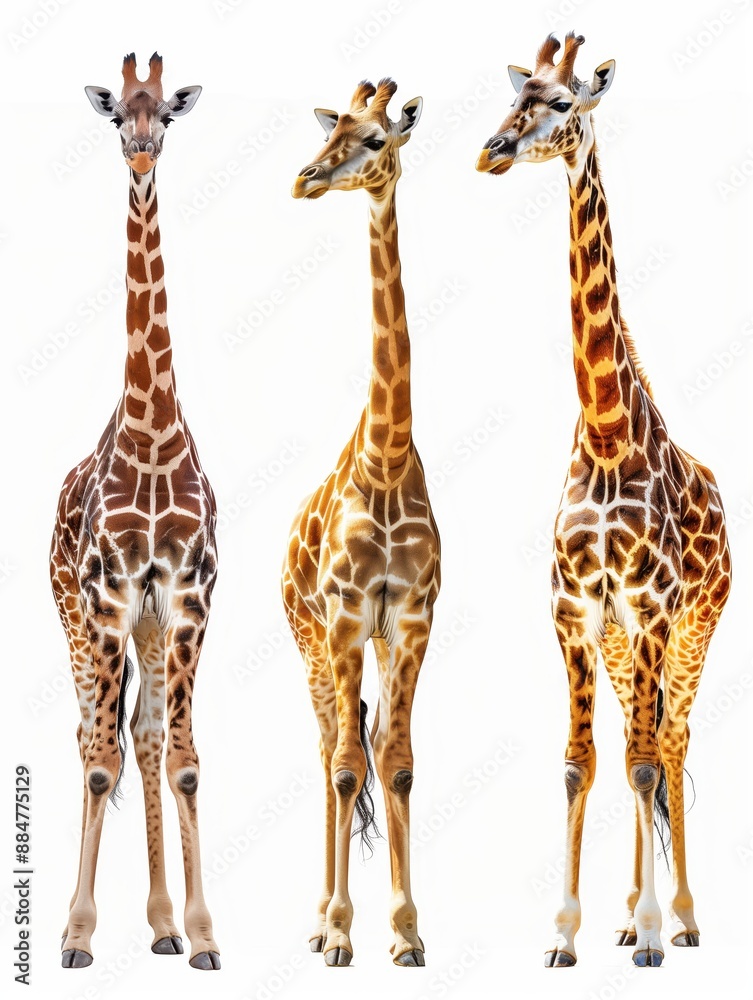 Obraz premium Three giraffes standing side by side against a white background, showcasing their long necks and distinct coat patterns