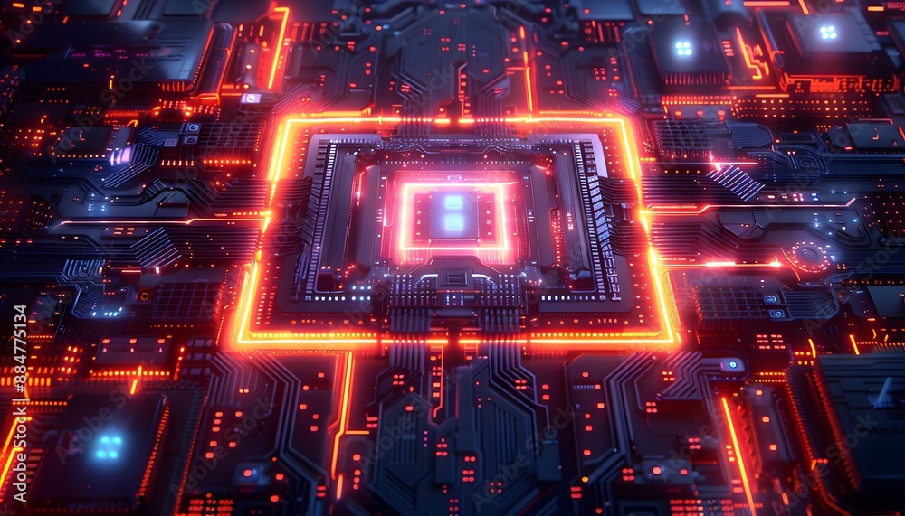 Obraz premium A close-up of a circuit board with glowing red and blue lights. The central processing unit is surrounded by a bright red frame