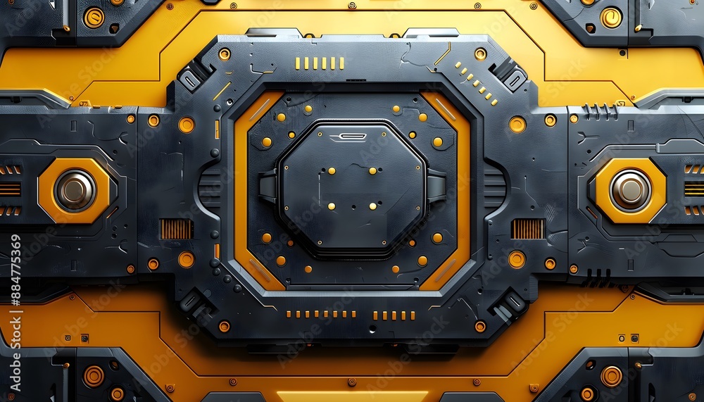 Fototapeta premium A close-up of a futuristic metal panel with a central octagonal component surrounded by smaller circular elements, dark gray with yellow accents