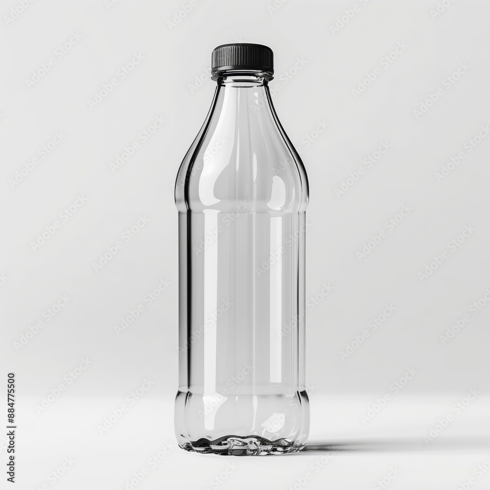 Empty clear plastic bottle with black cap, standing on white surface, minimalistic design Empty clear plastic bottle with black cap, standing on white surface, minimalistic design