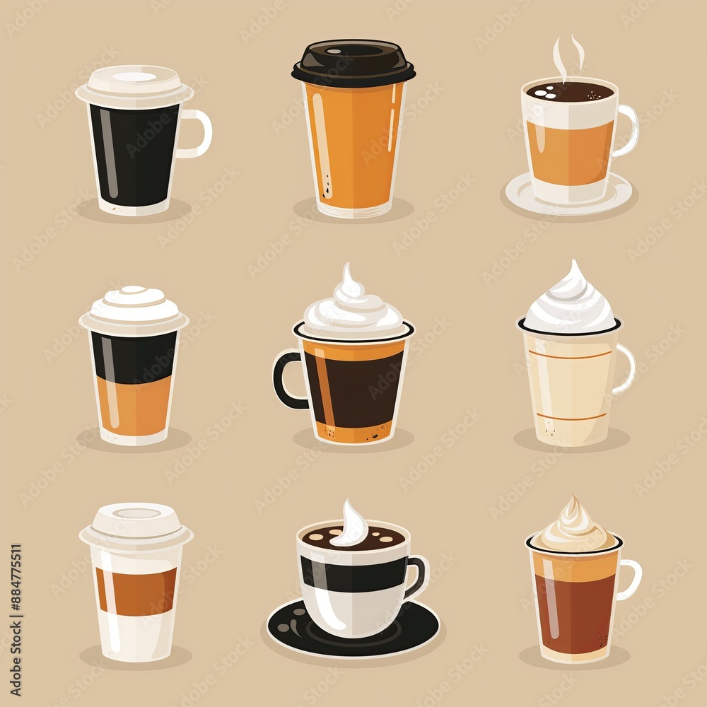 Fototapeta premium Coffee Tea Cup Collection, Espresso Cafe Mug Set, Diner Menu Objects, Hot Drink Concept Art, Food and Beverage Design Illustration, Restaurant Web Graphic, Cute Culinary Clipart 