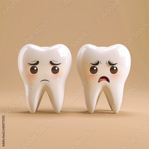 Sad and Crying Teeth, Beige Background, Dental Health Concerns