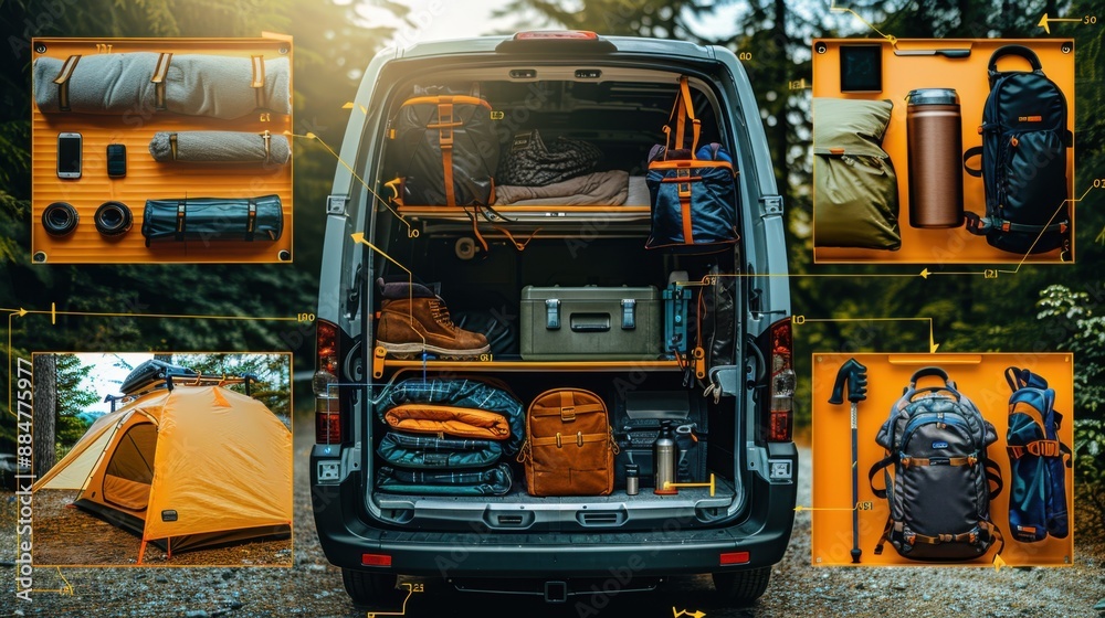 Close-up of a modern camping van's rear storage area, showcasing neatly organized camping equipment including a tent, sleeping bags, a cooler, and hiking backpacks, all set against a picturesque Close-up of a modern camping van's rear storage area, showcasing neatly organized camping equipment including a tent, sleeping bags, a cooler, and hiking backpacks, all set against a picturesque
