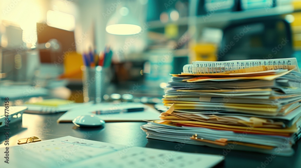 A side view of a work table covered in stacks of documents, office supplies, and a calendar, emphasizing the organized chaos of a typical workday A side view of a work table covered in stacks of documents, office supplies, and a calendar, emphasizing the organized chaos of a typical workday