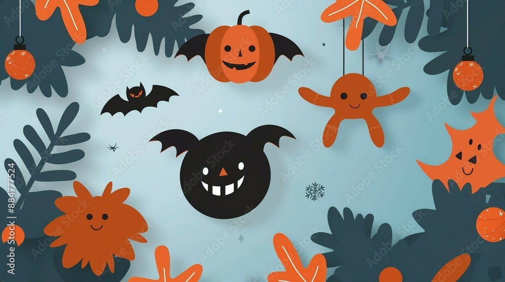 Halloween-themed background featuring jack-o'-lanterns, bats, and autumn leaves hanging from branches, perfect for festive decorations.
Halloween-themed background featuring jack-o'-lanterns, bats, and autumn leaves hanging from branches, perfect for festive decorations.