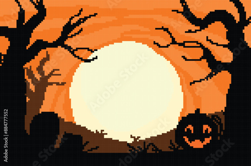 pixel art, Halloween theme with the concept of scary black shadows under a very beautiful orange sky and moon