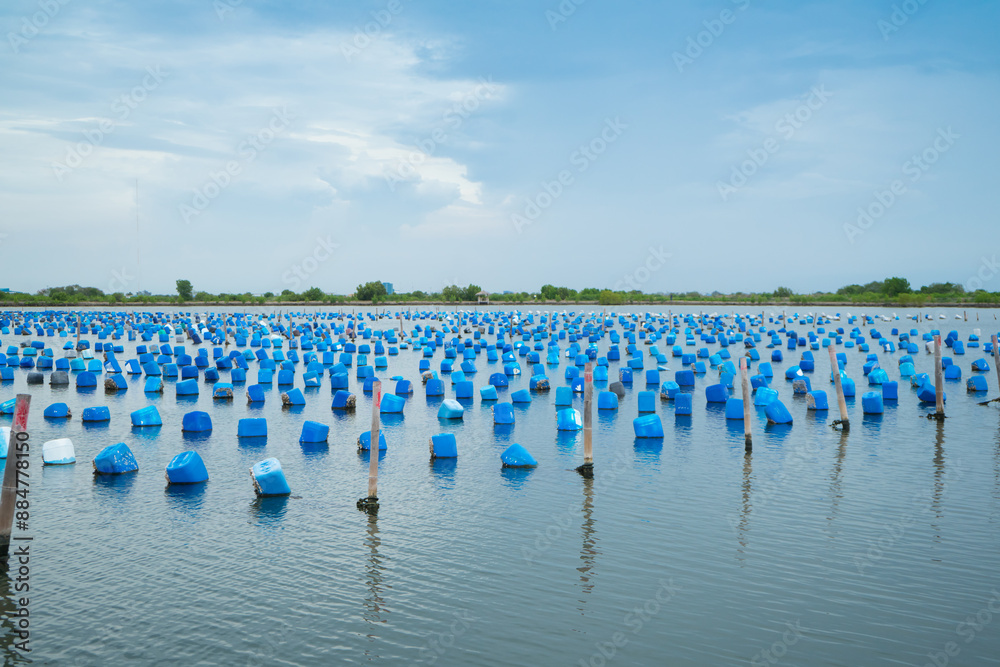 Naklejka premium Floating buoy or Pontoons .Snail Sculpts Bubbles to make life raft on the ocean or lake. snail farm will allow you to perfectly control the environmental conditions .