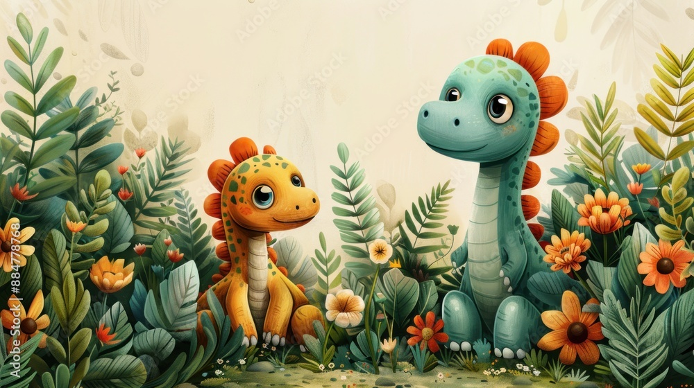 Naklejka premium Cute Dinosaurs in a Lush Garden