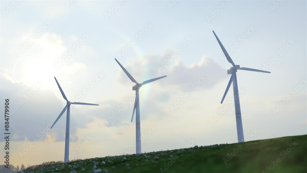 Wild short of Wind Turbine Eco green Energy during a beautiful sky producing clean sustainable energy, green energy revolution. 3D animation. Wild short of Wind Turbine Eco green Energy during a beautiful sky producing clean sustainable energy, green energy revolution. 3D animation.