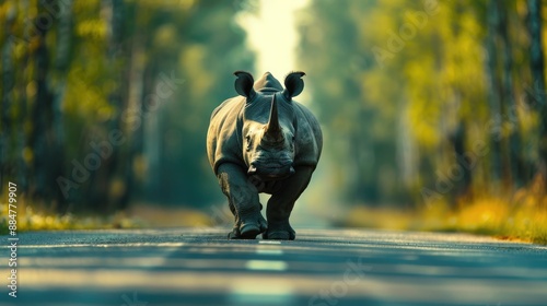 Majestic Rhino's Road: A powerful rhinoceros confidently strides down an open road, amidst a vibrant natural tunnel created by trees, embodying the spirit of adventure and the grandeur of the wild.