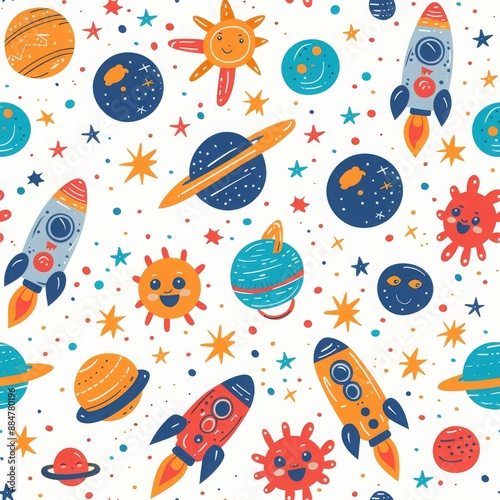 Cosmic Adventure: A Whimsical Pattern of Rockets and Planets