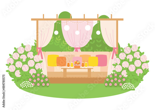 Cozy gazebo in a beautiful garden with a sofa, serving table and drinks. A comfortable summer pavilion with furniture, curtains and lighting for outdoor recreation. Relaxation  area in the open air