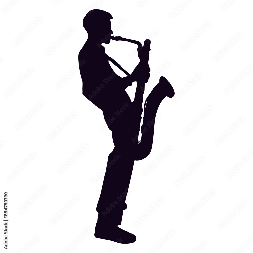 Naklejka premium Black Silhouette of Jazz Musician. Vector Illustration with Flat Design Concept.