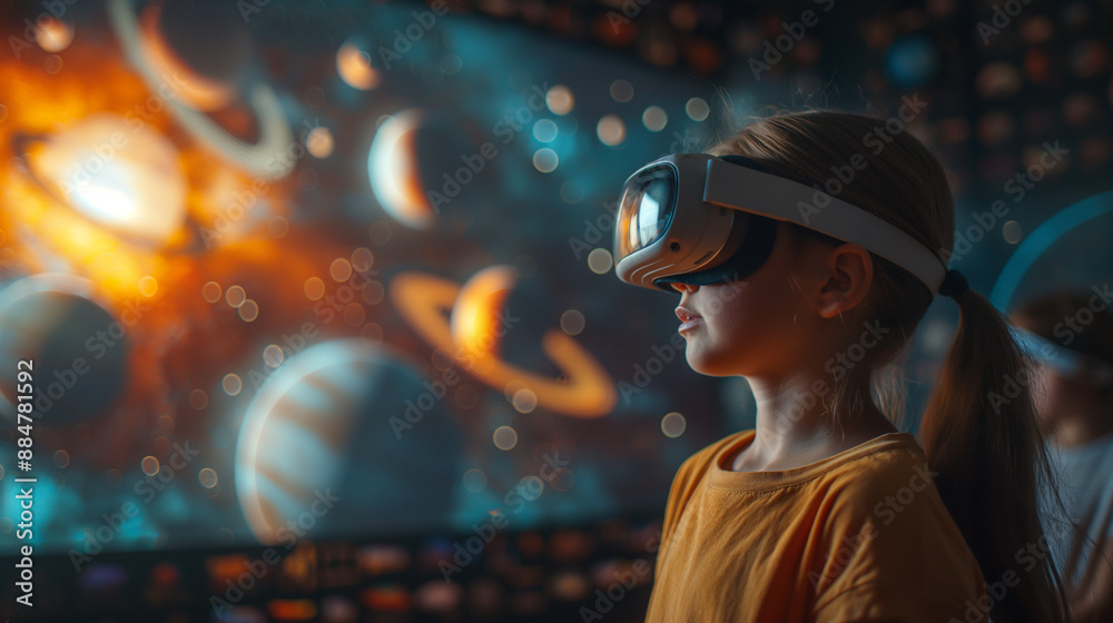 Student girl learning sbout planet with VR glasses. Future virtual reality headset for education. Student girl learning sbout planet with VR glasses. Future virtual reality headset for education.