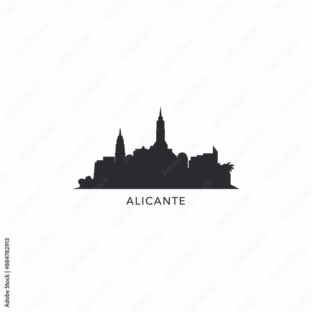 Naklejka premium Spain Alicante skyline, horizon, city panorama vector flat logo, icon. Valencian Community emblem idea with landmarks and building silhouettes, isolated black clipart