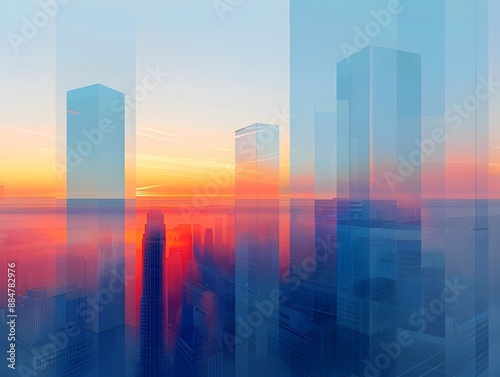 Minimalist Cityscape at Sunrise with Geometric Skyscrapers and Calming Color Palette © LookChin AI