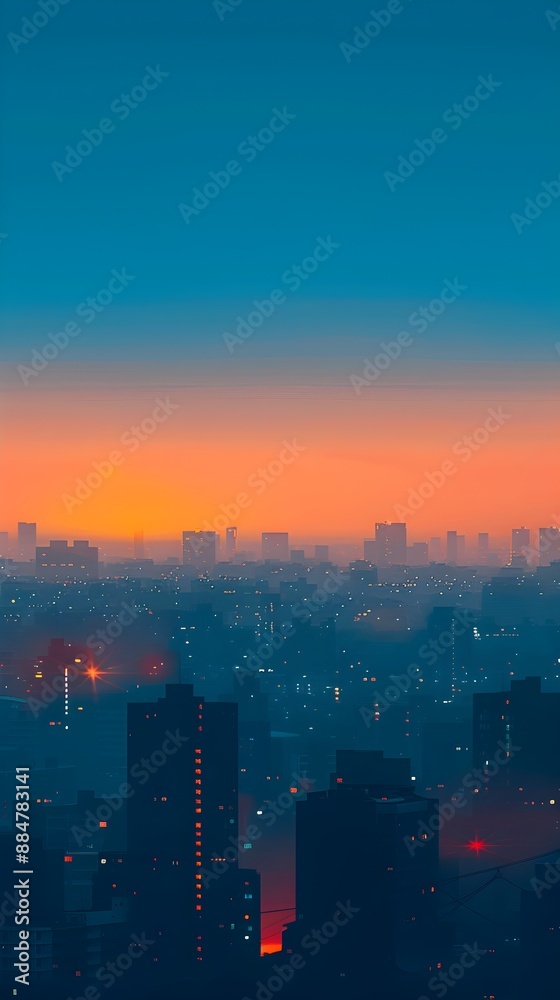 Minimalist Digital Cityscape at Serene Sunrise with Geometric Shapes and Soft Color Tones