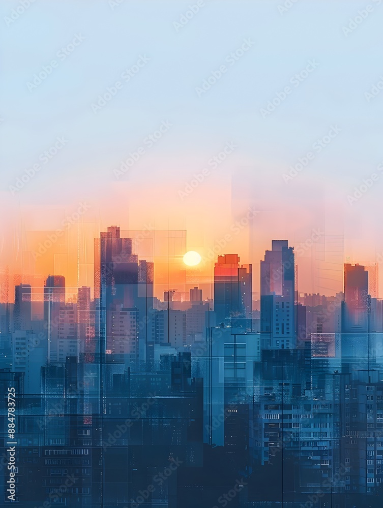 Fototapeta premium Tranquil Metropolis A Minimalist Digital Cityscape Capturing the Serene Beauty of Dawn s Soft Hues